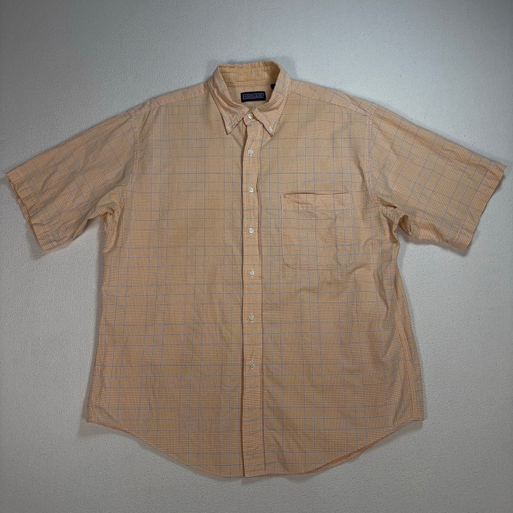 Land's End Seersucker Shirt Men's L Orange Plaid Regular Fit Pocket Cotton